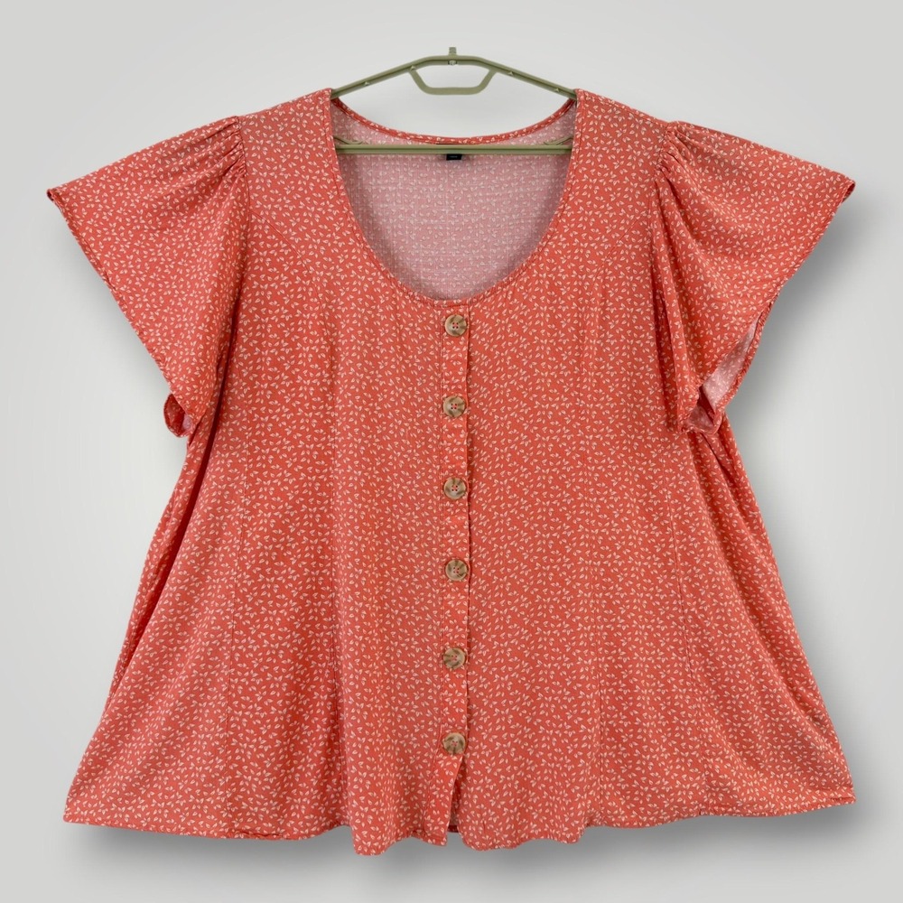 Torrid Floral Tunic Blouse Womens 3X Orange Button Front Flutter Sleeve